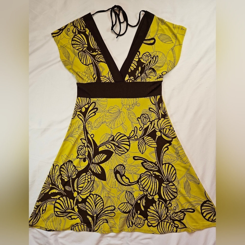 Poema Juniors Bright Green & Brown Tie In Back Deep V-neck Tunic Top Size Large